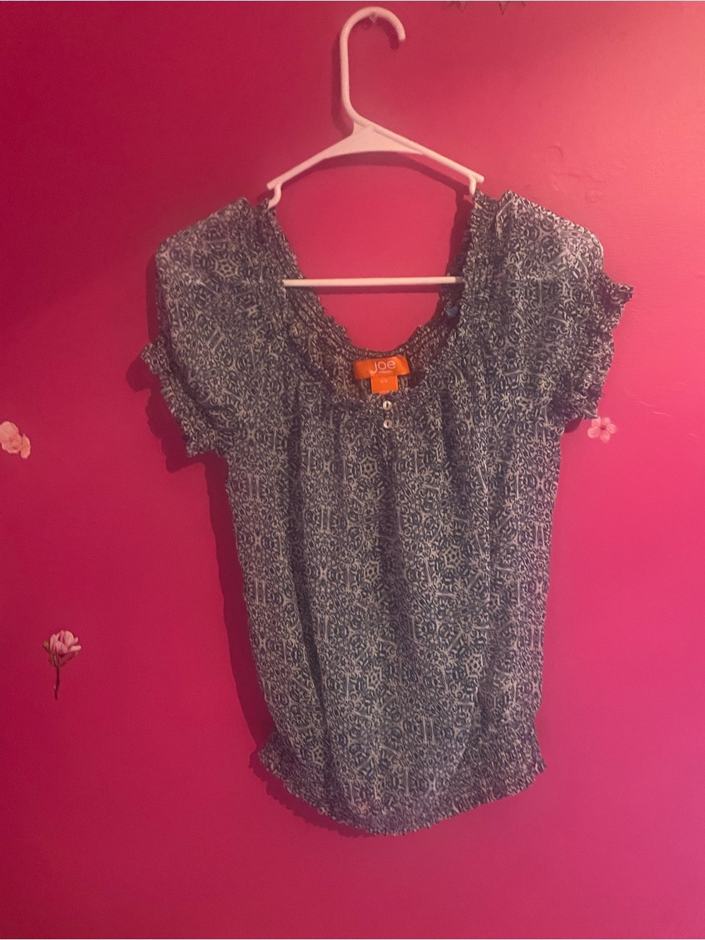 Joe Fresh Navy and White Patterned Short-Sleeve Blouse